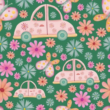 Cars, butterflies and flowers retro watercolor illustration seamless repeat pattern on green background
