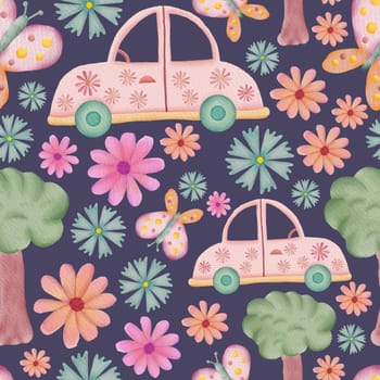 Cars, butterflies, trees and flowers retro watercolor illustration seamless repeat pattern on purple background