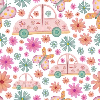 Cars, butterflies and flowers retro watercolor illustration seamless repeat pattern on white background