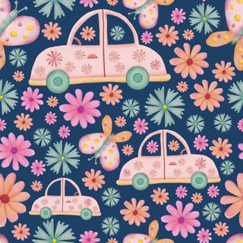 Cars, butterflies and flowers retro watercolor illustration seamless repeat pattern on dark blue background