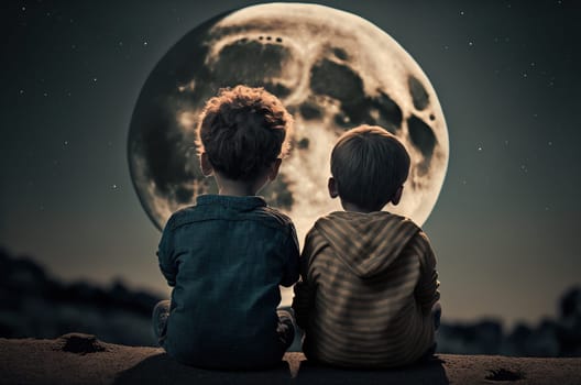 Two boys looking at the moon, view from behind. Generative AI