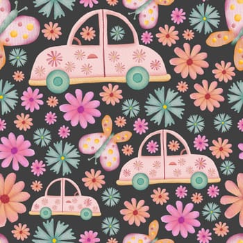 Cars, butterflies and flowers retro watercolor illustration seamless repeat pattern on dark background