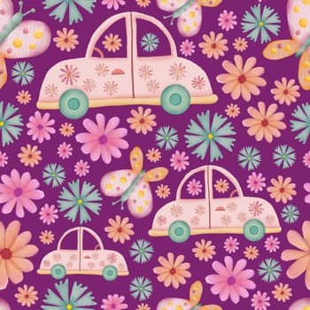 Cars, butterflies and flowers retro watercolor illustration seamless repeat pattern on pink background