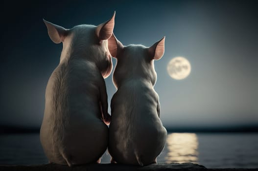 Two pigs in love looking at the moon, view from behind. Generative AI