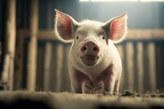 Cute pig in the pigsty looking at camera. Generative AI