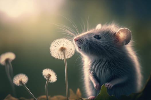 Grey mouse and dandelions with depth of field. Generative AI