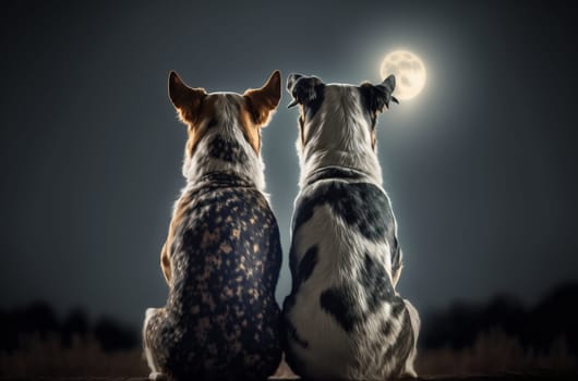 Two dogs in love looking at the moon, view from behind. Generative AI