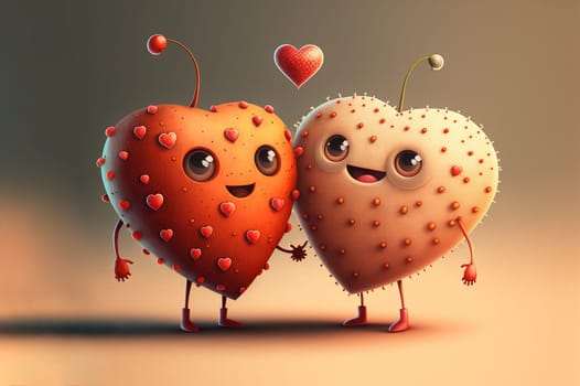 Two heart shaped cartoon characters in love. Generative AI