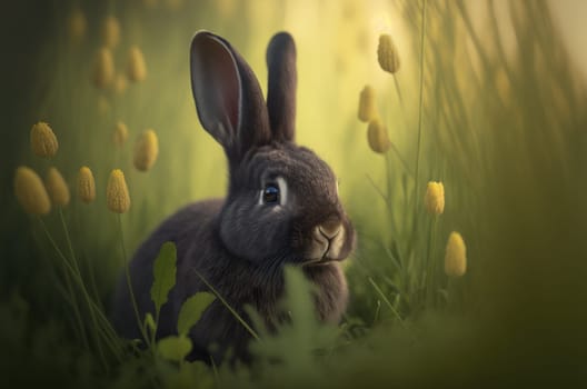 Cute white bunny outdoors. Generative AI