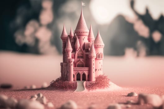 Pink toy fantasy castle in pink landscape. Generative AI