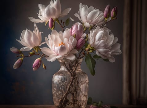 Bouquet of magnolia flowers in a glass vase. Generative AI