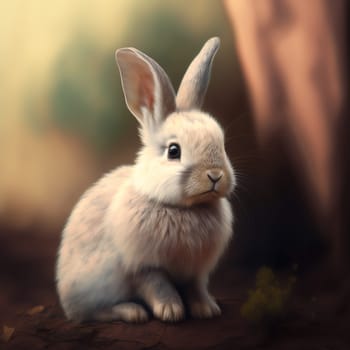 Cute white bunny outdoors. Generative AI