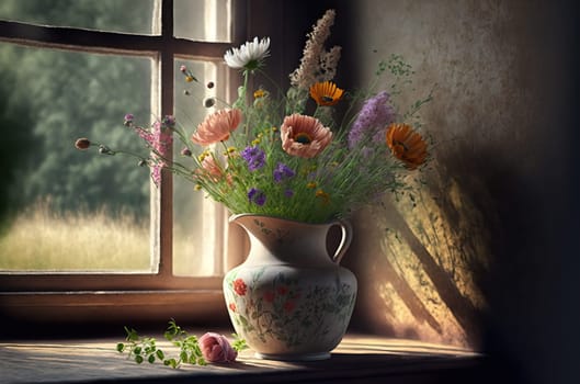 Bouquet of wildflowers in a vase by the window. Generative AI