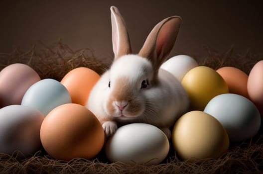 Cute Easter bunny in a nest with pastel colored easter eggs. Generative AI
