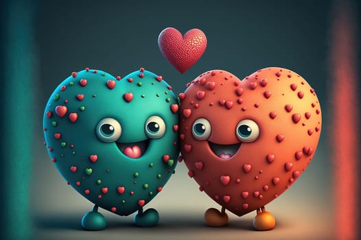 Two heart shaped cartoon characters in love. Generative AI