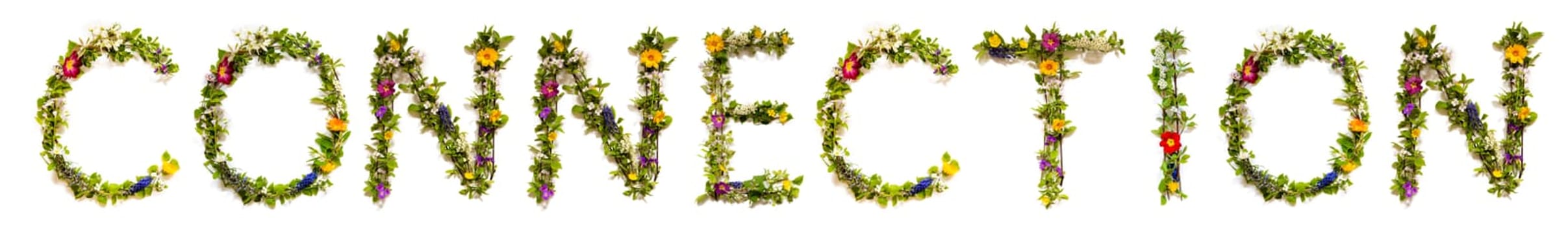 Blooming Flower Letters Building English Word Connection. Summer And Spring Season Blossoms And Flower Lei.