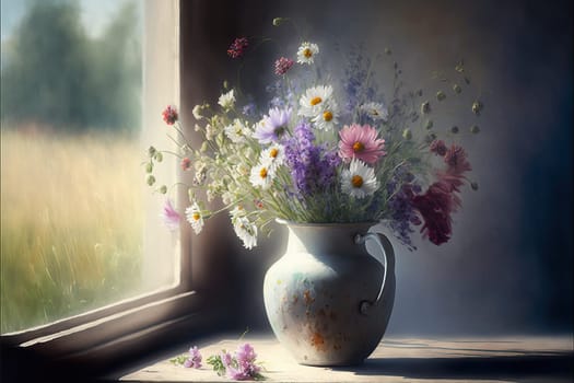 Bouquet of wildflowers in a vase by the window. Generative AI
