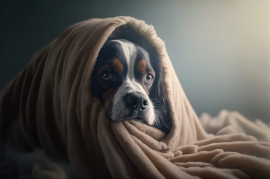 Sick dog snuggled up in a cozy blanket by a fireplace. Generative AI