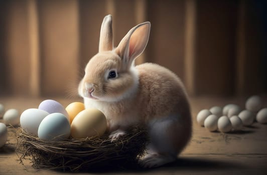 Cute Easter bunny in a nest with pastel colored easter eggs. Generative AI