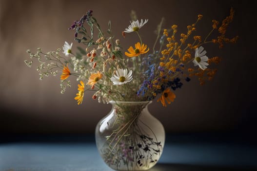 Bouquet of wildflowers in a glass vase. Generative AI