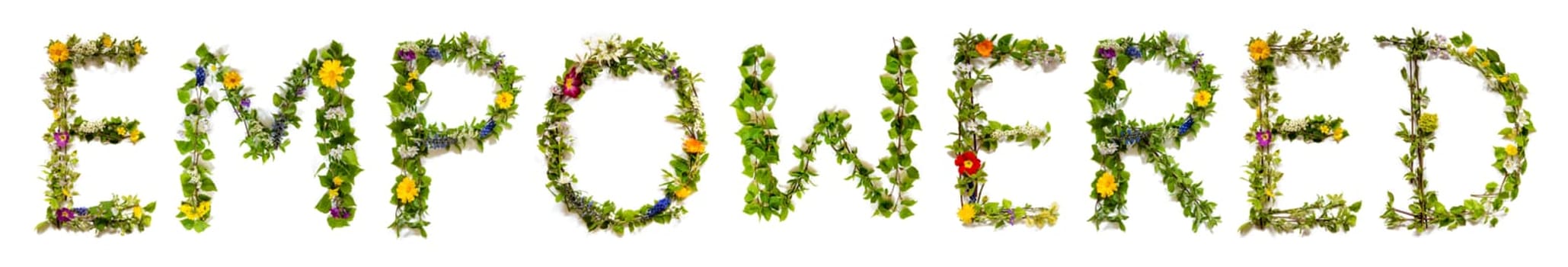 Blooming Flower Letters Building English Word Empowered. Summer And Spring Season Blossoms And Flower Lei.