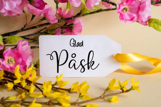 Spring Flower Arrangement With White Label With Swedish Text Glad Pask Means Happy Easter. Colorful Flower Branch Decoration With Yellow And Purple Blossoms.