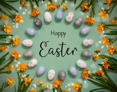 Flat Lay With English Text Happy Easter. Easter Egg Decoration With Orange Spring Flowers. Light Green Paper Background With Bright And Shiny Light Effect.