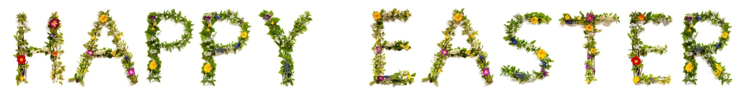 Blooming Flower Letters Building English Text Happy Easter. Summer And Spring Season Blossoms And Flower Lei.
