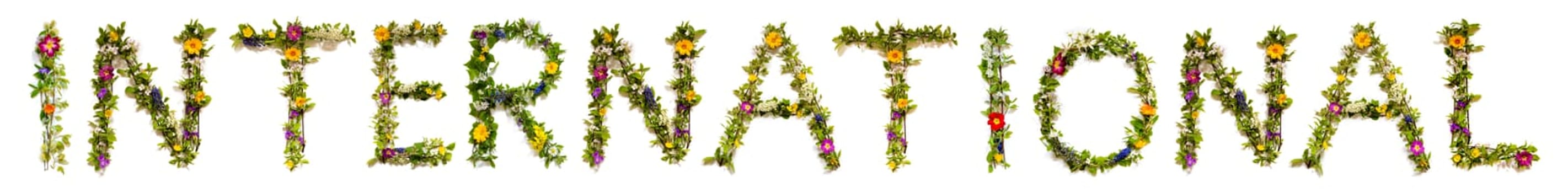 Blooming Flower Letters Building English Word International. Summer And Spring Season Blossoms And Flower Lei.
