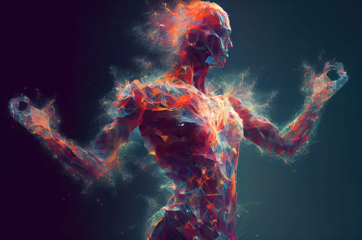 Human-like robotic surreal character consisting of particles that look like fire against dark blue background. Generative AI