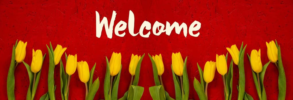 Red Wooden Background With English Text Welcome. Banner Of Yellow Tulip Flowers In Spring Season
