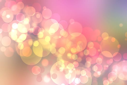 Abstract blurred fresh vivid spring summer light delicate pastel yellow pink magenta orange green bokeh background texture with bright circular soft color lights. Beautiful backdrop illustration.