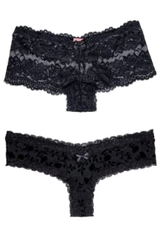 Underwear woman isolated. Collage set of two luxurious elegant black lacy thongs panties isolated on a white background. Clipping path. Underwear fashion.