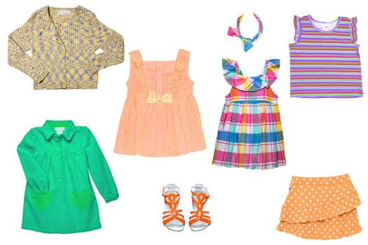 Collage set of girl spring summer clothes isolated. Female kids apparel collection. Child baby fashion clothing outfit. Colorful stylish dresses, shoes, skirt, headband wearing.