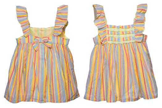 Summer dress isolated. Closeup of a colorful striped sleeveless baby girl dress isolated on a white background. Children spring fashion. Front and back view.