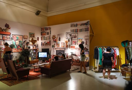 Venice, Italy - Sept 6, 2022: 59th Venice Art Biennale in Venice. Dreams have no titles by Zineb Sedira s film installation takes you back to the cinema of the 1960s and 1970s in French pavilion