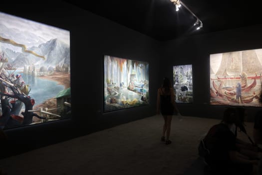 Venice, Italy - September 6, 2022: One of the many multimedia exhibitions in the Arsenale at the 59th Venice Art Biennale in Venice.