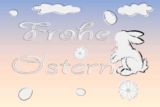 Postcard with an Easter bunny, eggs, flowers and an inscription in German. Translation: Happy Easter. The concept of the arrival of spring, Easter. Vector image.