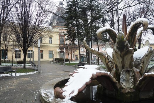 Sremska Mitrovica, Serbia 01.27.2023 City Fountain Stone flower in the central park. Snow cloudiness in winter. Snow covered city park. Decorative architectural forms. Trees, library and city archive