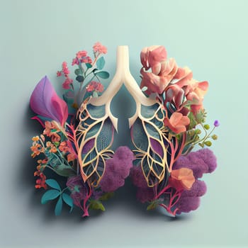 Lung with flowers for fresh healthy breathing air, environment concept, connect to nature, generative AI