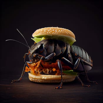 Cricket insect in burger bun with salad and vegetables, source for high protein, entomophagy food concept, generative AI