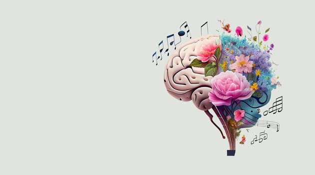 Human brain tree with flowers and music notes, self care and mental health concept, positive thinking, creative mind, generative AI