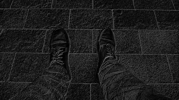 Monochrome black and white image. Feet in boots against the background of street tiles or the road. Two legs of a seated man, photographed from above while sitting