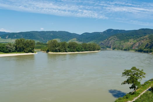 River landscape with Danube river in Wachau region near Duernstein in Austria
