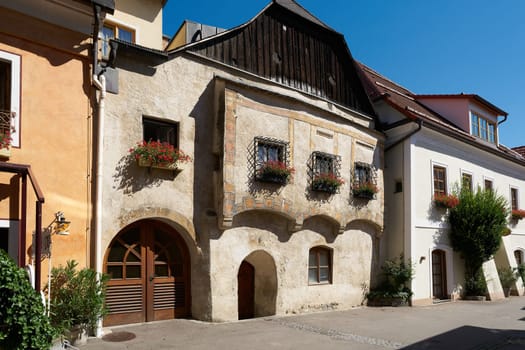 historical medieval buildings in a street in the picturesque village Emmersdorf on the river Danube in Austria