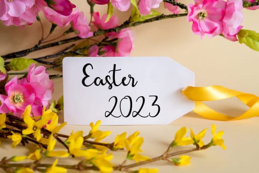 Spring Flower Arrangement With White Label With English Text Easter 2023. Colorful Flower Branch Decoration With Yellow And Purple Blossoms.