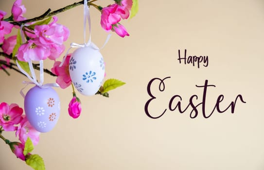 Beautiful Easter Egg Decoration With Spring Flowers. English Text Happy Easter. Seasonal Easter Holiday Greeting Card.