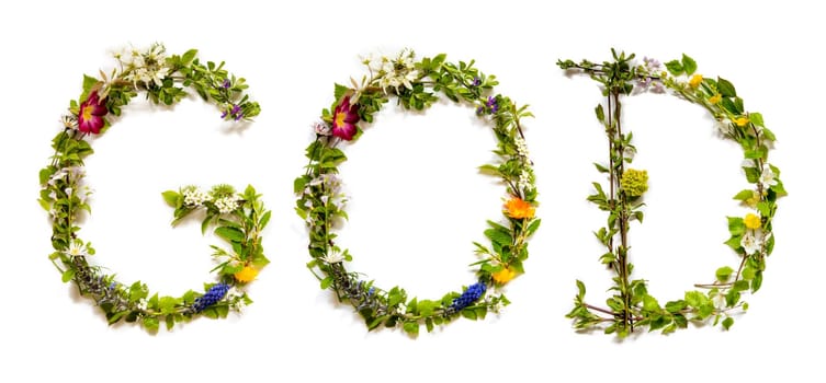 Blooming Flower Letters Building English Word God. Summer And Spring Season Blossoms And Flower Lei.