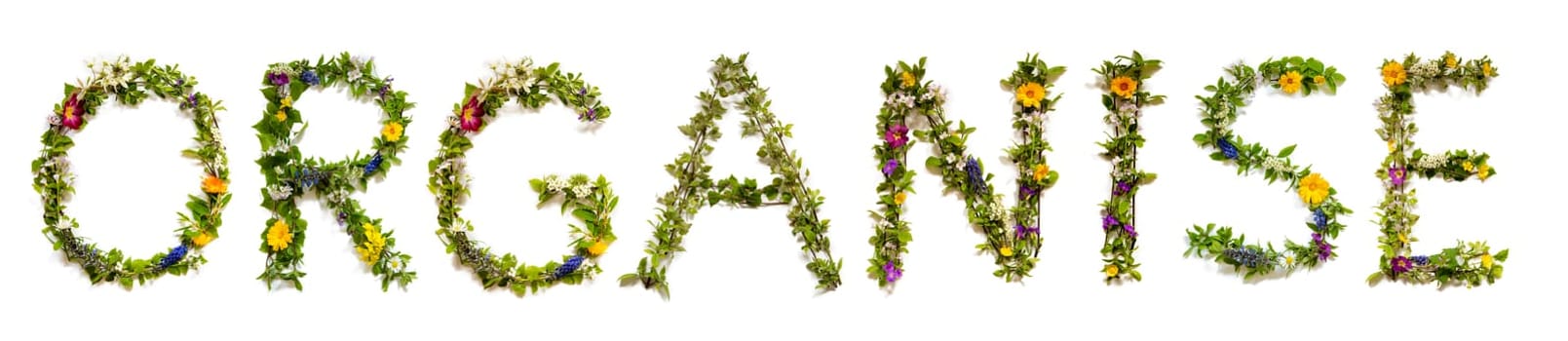 Blooming Flower Letters Building English Word Organise. Summer And Spring Season Blossoms And Flower Lei.