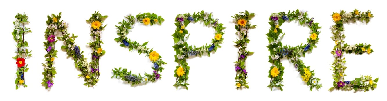 Blooming Flower Letters Building English Word Inpsire. Summer And Spring Season Blossoms And Flower Lei.